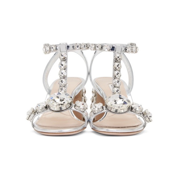 Like New In Box Miu Miu Silver Crystal Embellished Block Heel Argento Sandal 39 - Picture 5 of 6